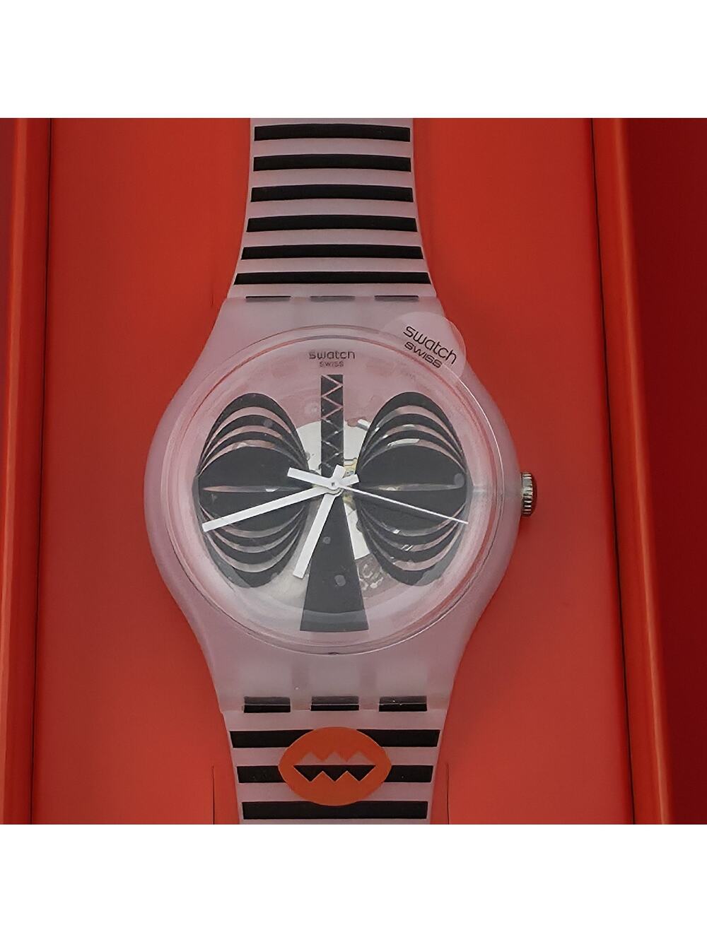 NEW Swatch MASKARA Skeleton Clear Dial Silicone Stripes Watch SUOW122